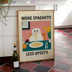 More Spaghetti Less Upsetti Cat Poster, Italian Kitchen Print, Funny Black Cat Wall Art, Retro Diner Poster, Pasta Print - Digital File