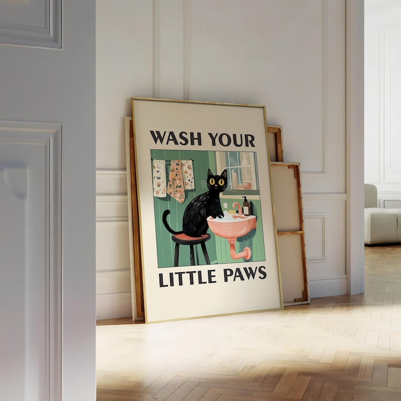 Wash Your Paws Cat Poster, Black Cat Wall Art, Funny Bathroom Print ...