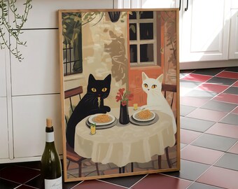 Romantic Cats Spaghetti Print, Retro Diner Poster, Black and White Cats Pasta Wall Art, Italian Kitchen Poster, Cute Cats - Digital File