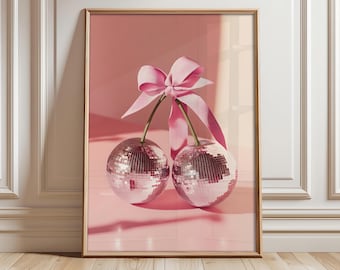 Cherry Disco Ball Wall Art, Trendy Wall Art, Disco Ball Poster, Ribbon Mirrorball Print, Retro Prints, Pink Girly Poster - Optional Frame
