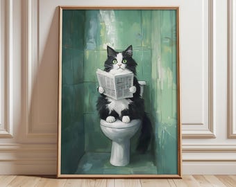 Tuxedo Cat Bathroom Print, Housewarming Toilet Wall Art, Funny Animal Art, Bathroom Funny Poster, Funny Toilet Prints - Optional Frame