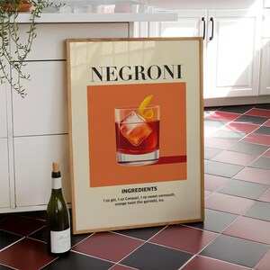 Impresión de cóctel Negroni, póster de carrito de bar, arte mural de bebidas para fiestas, impresión de cocina retro, póster de cócteles, arte de bebidas de moda: archivo digital