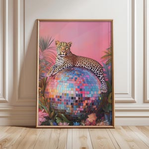 Leopard on Disco Ball Poster, Leopard Wall Art, Maximalist Wall Decor, Jungle Leopard Print, Vibrant Maximalist Prints - Physical Print