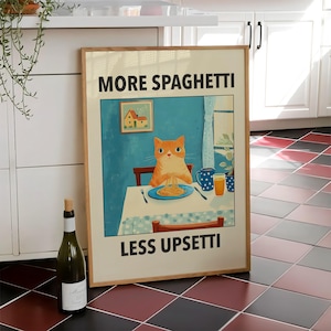 More Spaghetti Less Upsetti Cat Poster, Italian Kitchen Print, Funny Black Cat Wall Art, Retro Diner Poster, Pasta Print - Digital File