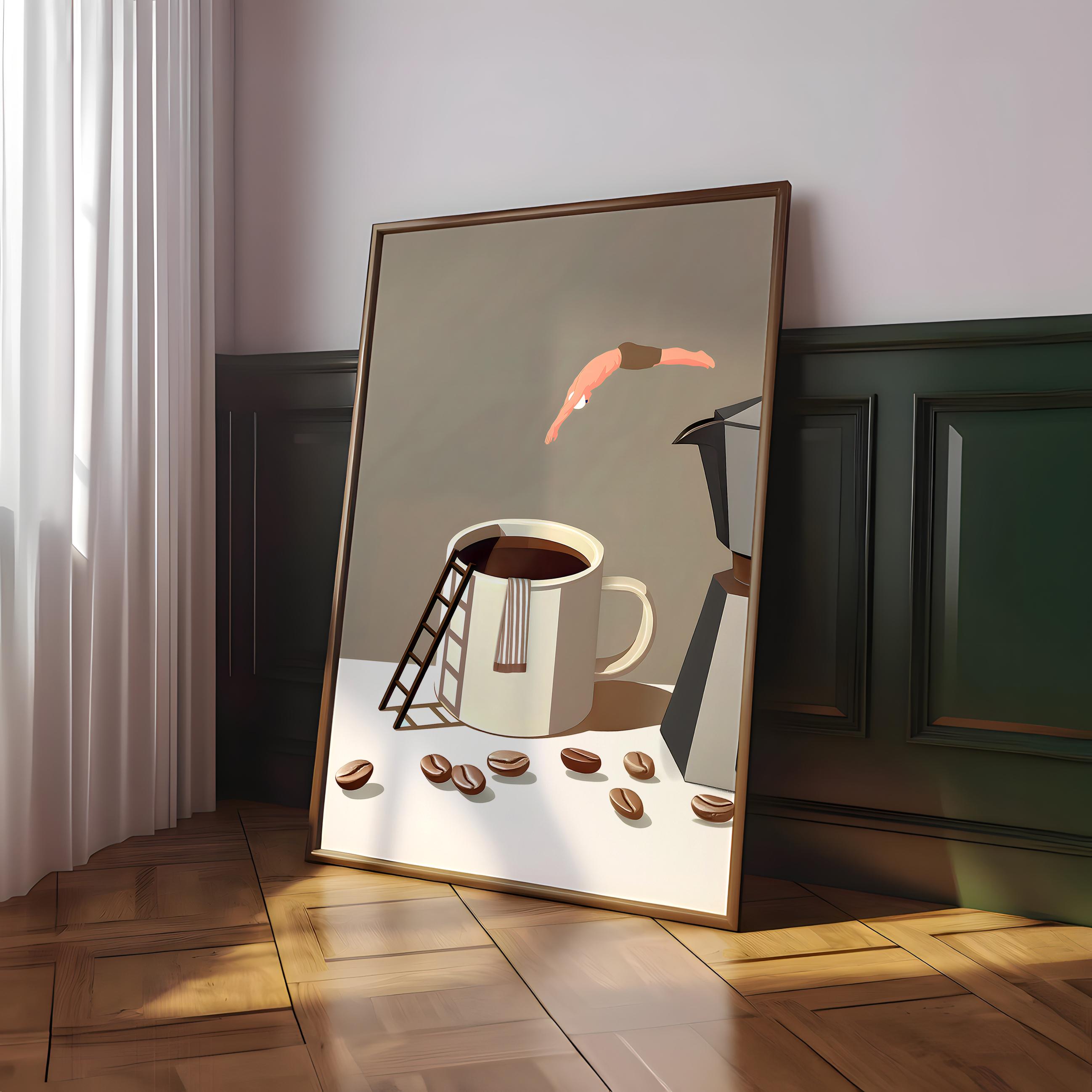 Impresión de Coffee Diver, póster de café de buenos días, arte de pared de espresso, impresiones para amantes del café, póster de cocina de moda, impresión de café: archivo digital