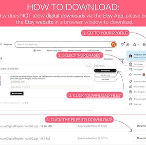 Pu&ograve; includere: Screenshot del sito web di Etsy che mostra come scaricare file digitali. Le istruzioni includono: vai al profilo, seleziona 'Acquisti', fai clic su 'Scarica file' e fai clic sui file da scaricare. Il testo recita: 'COME SCARICARE: Etsy NON consente download digitali tramite l'app Etsy.'