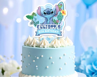 Personalized Stitch Blue Birthday Cake Topper, Editable Name Cake Topper, Printable Blue Stitch Party Label, Blue Party Decor