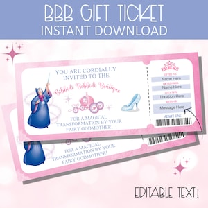 Op de afbeelding: Een roze en blauwe printbare cadeaubon met een Assepoester-thema. De bon staat er: "U bent van harte welkom in de Bibbidi Bobbidi Boutique voor een magische transformatie door uw fee!" De bon is bewerkbaar met tekstvelden voor "Aan", "Van", "Locatie" en "Bericht".