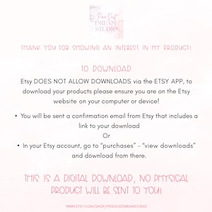 Pu&ograve; includere: Un foglio informativo per il download digitale con testo in rosa e nero. Il testo include istruzioni su come scaricare i prodotti da Etsy, sottolineando che i download non sono disponibili tramite l'app Etsy. Il logo Pixie Dust Dream Studio si trova in alto a destra.