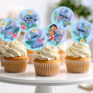 Printable Stitch Cupcake Toppers, Stitch Party Favors, Birthday Party Decoration, Lilo and Stitch Tropical Cupcake Digital Download