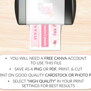 Pu&ograve; includere: Una stampante mostra tre banner rosa e bianchi con le parole "FUN & GAMES", "MINNIE'S BOUNCE" e "FACE PAINT". L'immagine include anche le istruzioni per l'uso, incluso il bisogno di un account Canva gratuito.