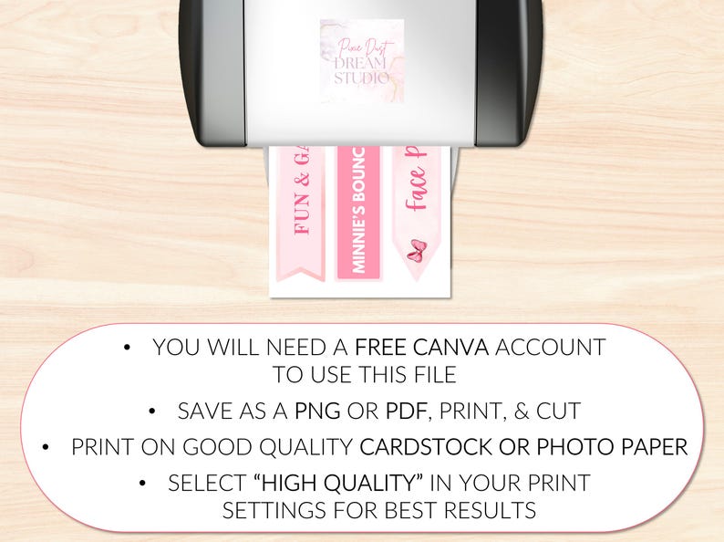 Pu&ograve; includere: Una stampante mostra tre banner rosa e bianchi con le parole "FUN & GAMES", "MINNIE'S BOUNCE" e "FACE PAINT". L'immagine include anche le istruzioni per l'uso, incluso il bisogno di un account Canva gratuito.