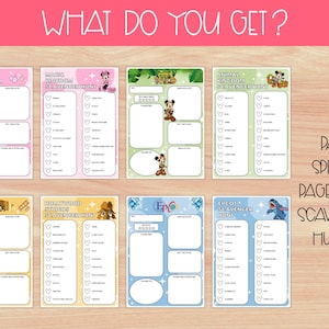 Pu&ograve; includere: Una collezione di pagine di caccia al tesoro specifiche per i parchi. Ogni pagina presenta un tema diverso del parco, tra cui Magic Kingdom, Animal Kingdom, Hollywood Studios ed Epcot. Le pagine hanno liste di controllo e spazi per le note, con design colorati e illustrazioni di personaggi.