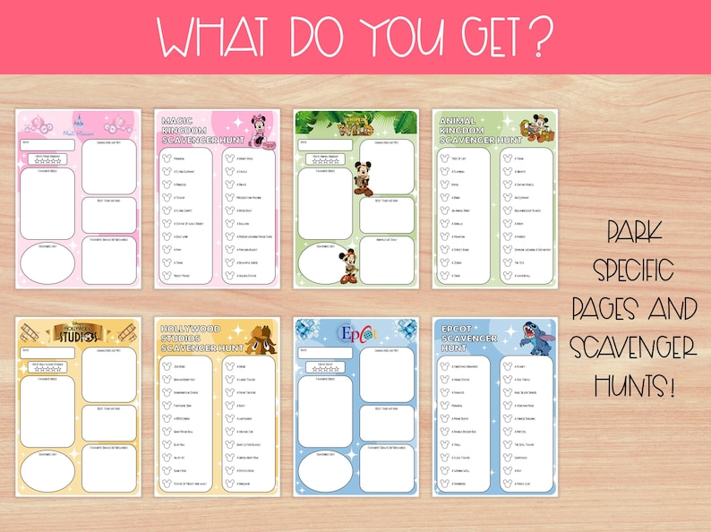 Pu&ograve; includere: Una collezione di pagine di caccia al tesoro specifiche per i parchi. Ogni pagina presenta un tema diverso del parco, tra cui Magic Kingdom, Animal Kingdom, Hollywood Studios ed Epcot. Le pagine hanno liste di controllo e spazi per le note, con design colorati e illustrazioni di personaggi.