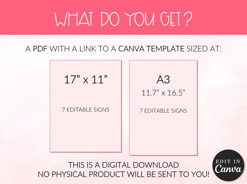 Pu&ograve; includere: Grafica rosa per download digitale con il testo "WHAT DO YOU GET?" e dettagli su un modello Canva. Include dimensioni 17" x 11" e A3 (29,7 cm x 42 cm). &Egrave; presente anche il testo "7 EDITABLE SIGNS".