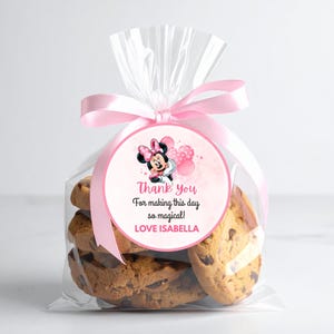 Personalizowane etykiety z podziękowaniami Myszki Minnie, różowe etykiety z upominkami urodzinowymi Myszki Minnie, edytowalne etykiety na torby ze smakołykami, różowe etykiety z podziękowaniami Myszki Minnie