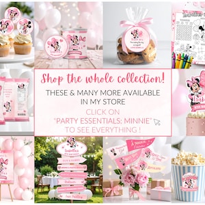 Pu&ograve; includere: Forniture per feste a tema Minnie Mouse, tra cui cupcakes, biscotti e decorazioni rosa e bianche. Il testo include "Isabella's 5th Birthday" e "Shop the whole collection!" per una festa per bambini.