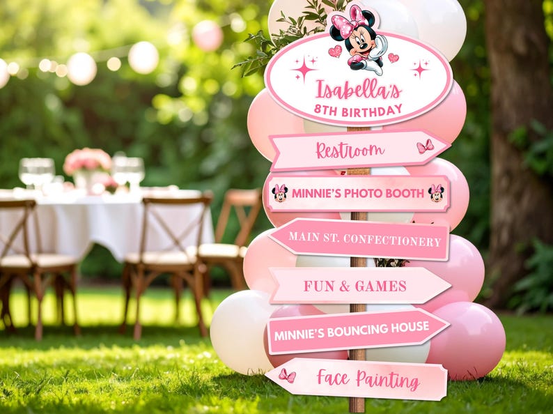 Pu&ograve; includere: Un cartello direzionale rosa e bianco per un ottavo compleanno, con Minnie Mouse. Il cartello indica agli ospiti i servizi igienici, il photo booth, la confetteria, i giochi, il castello gonfiabile e il face painting.