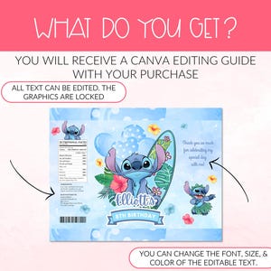 Peut inclure: Un design d'anniversaire bleu et blanc avec le personnage Stitch. Le design comprend le texte "Elliott's 8th Birthday" et d'autres textes modifiables. L'image comprend &eacute;galement le texte "What Do You Get?" et "You will receive a Canva editing guide with your purchase."