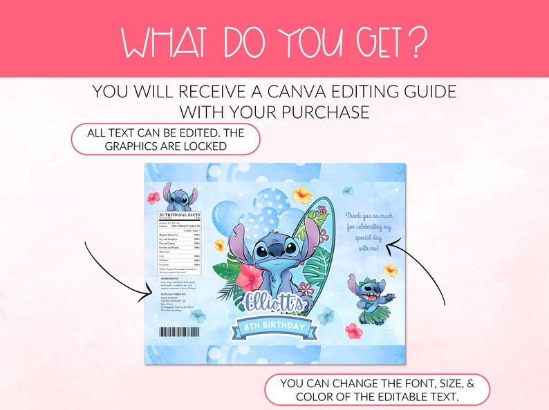 Peut inclure: Un design d'anniversaire bleu et blanc avec le personnage Stitch. Le design comprend le texte "Elliott's 8th Birthday" et d'autres textes modifiables. L'image comprend &eacute;galement le texte "What Do You Get?" et "You will receive a Canva editing guide with your purchase."