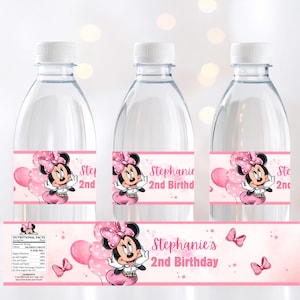 Afdrukbare Minnie Mouse-flesverpakking, roze Minnie verjaardagsfles waterflesetiket, personaliseer roze Minnie-feestgunst, roze feestdecoratie