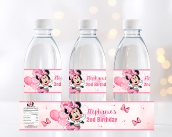 Printable Minnie Mouse Bottle Wrapper, Pink Minnie Birthday Water Bottle Label, Personalize Minnie Pink Party Favor, Pink Party Decoration