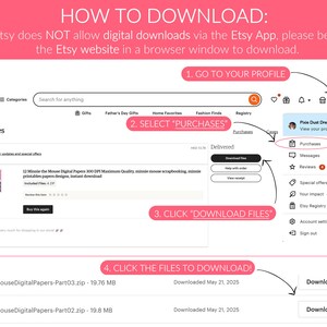 Peut inclure: Capture d'&eacute;cran du site Etsy montrant comment t&eacute;l&eacute;charger des fichiers num&eacute;riques. Les instructions incluent d'aller sur le profil, de s&eacute;lectionner les achats, de cliquer sur t&eacute;l&eacute;charger les fichiers et de cliquer sur les fichiers &agrave; t&eacute;l&eacute;charger. Le texte de l'image indique "COMMENT T&Eacute;L&Eacute;CHARGER :" et "Etsy n'autorise PAS les t&eacute;l&eacute;chargements num&eacute;riques via l'application Etsy."