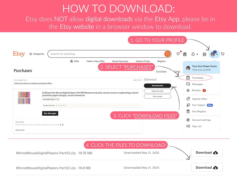 Peut inclure: Capture d'&eacute;cran du site Etsy montrant comment t&eacute;l&eacute;charger des fichiers num&eacute;riques. Les instructions incluent d'aller sur le profil, de s&eacute;lectionner les achats, de cliquer sur t&eacute;l&eacute;charger les fichiers et de cliquer sur les fichiers &agrave; t&eacute;l&eacute;charger. Le texte de l'image indique "COMMENT T&Eacute;L&Eacute;CHARGER :" et "Etsy n'autorise PAS les t&eacute;l&eacute;chargements num&eacute;riques via l'application Etsy."