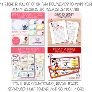 Pu&ograve; includere: Una raccolta di download stampabili a tema Disney, tra cui un libro di autografi, grafici per il conto alla rovescia, una caccia al tesoro e biglietti a sorpresa. I disegni presentano personaggi Disney.