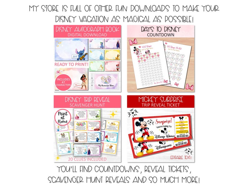 Pu&ograve; includere: Una raccolta di download stampabili a tema Disney, tra cui un libro di autografi, grafici per il conto alla rovescia, una caccia al tesoro e biglietti a sorpresa. I disegni presentano personaggi Disney.