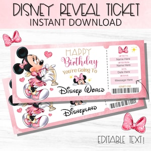 Puede incluir: Boleto de revelación de Disney rosa con ilustración de Minnie Mouse, texto "Happy Birthday, You're Going To Disney World" y "Disneyland". Incluye espacio para el nombre del destinatario, la fecha y un mensaje. Presenta un lazo rosa y el texto "Editable Text!"