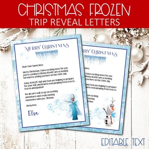 Carta editable de revelación del parque temático Frozen, sorpresa de Elsa y Olaf, carta de vacaciones navideñas, regalo sorpresa de Navidad para niños en familia.
