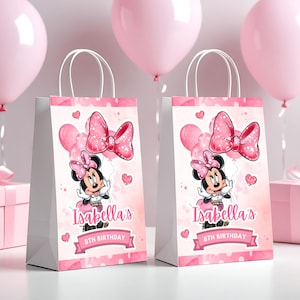 Personalizowana etykieta na torbę na smakołyki Myszki Minnie w kolorze różowym, etykieta na papierową torbę Myszki Minnie do wydrukowania, etykieta na torbę na smakołyki urodzinowe, etykieta na torbę prezentową Myszki Minnie