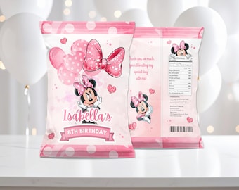 Minnie Maus Rosa Chipsbeutel, Minnie Maus Geburtstag Chipsbeutel Etikett, Minnie Party Dekoration, Rosa Minnie Gastgeschenke