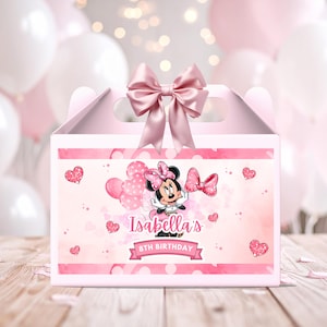 Personalisiertes Minnie Mouse Gable Box Etikett, bearbeitbares rosa Gable Box Etikett, druckbare Geburtstagsfeier Geschenkbox Vorlage, Minnie Mouse Geburtstag