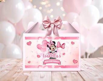 Personalisiertes Minnie Mouse Gable Box Etikett, bearbeitbares rosa Gable Box Etikett, druckbare Geburtstagsfeier Geschenkbox Vorlage, Minnie Mouse Geburtstag