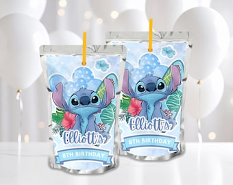 Etiquette personnalisée point de croix bleu Capri soleil, étiquette de pochette de jus d'anniversaire imprimable Stitch, décoration de fête d'anniversaire Stitch, Lilo et Stitch