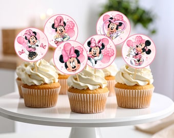 Printable Minnie Cupcake Toppers, Minnie Party Favors, Birthday Party Decoration, Pink Cupcake Digital Download, Birthday Party Printables