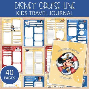 Könnte beinhalten: Ein Disney Cruise Line Kids Travel Journal mit 40 Seiten. Das Journal zeigt Micky Maus auf dem Cover und enthält Seiten für Reisedetails, Aktivitäten und magische Momente. Das Journal ist in einem blau-gelben Farbschema gestaltet.