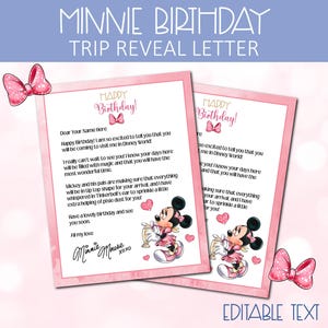 Carta de revelación de viaje de vacaciones editable e imprimible, regalo de cumpleaños, invitación de vacaciones personalizada de Minnie, carta de revelación de vacaciones sorpresa de Mouse