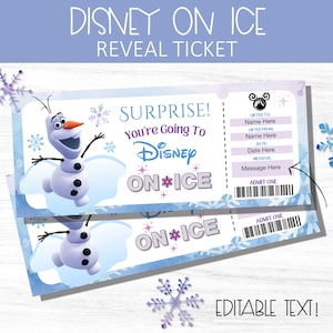 May include: Printable Disney on Ice reveal ticket with a blue and white watercolour background featuring Olaf from Frozen. The ticket says "Surprise! You're going to Disney on Ice" and has space for personalised information like "Gifted to", "Gifted from", "Date", and "Message".