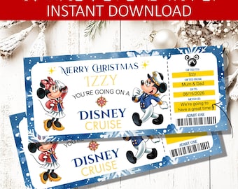 May include: A blue and white Disney Cruise reveal ticket with the text "Merry Christmas Izzy, You're going on a Disney Cruise". The ticket features Minnie and Mickey Mouse characters. The text "Instant Download" is at the top.