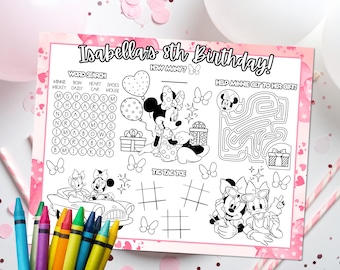 Gepersonaliseerde Minnie Mouse roze activiteitenplacemat, afdrukbare Minnie Mouse kleurplaat, bewerkbare Minnie Mouse verjaardagsplacemat, activiteitenblad