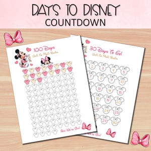 Conto alla rovescia per le vacanze al parco a tema di Minnie, pianificatore di viaggio stampabile di 100 giorni e 30 giorni, conto alla rovescia per le vacanze magiche, calendario con la testa di topo, tracker delle vacanze