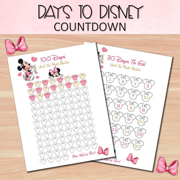 Minnie Theme Park Vacation Countdown, Printable 100 Days 30 Days Trip Planner, Magic Holiday Countdown, Mouse Head Calendar, Holiday Tracker