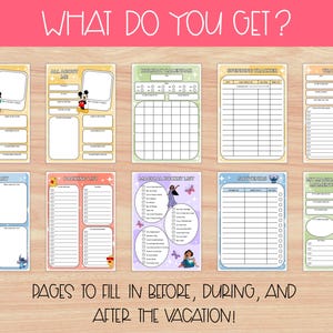 Pu&ograve; includere: Una raccolta di pagine stampabili per la pianificazione delle vacanze con design colorati. Le pagine includono sezioni per liste di viaggio, programmi giornalieri e conservazione dei ricordi, con illustrazioni di personaggi Disney. Il testo in alto recita "WHAT DO YOU GET?" e in basso "PAGES TO FILL IN BEFORE, DURING, AND AFTER THE VACATION!"