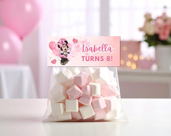 Personalisierte Minnie Maus Candy Bag Topper, Minnie Maus Geburtstag Favor Bag Topper, rosa Leckerli Tasche Topper, bearbeitbarer Candy Bag Topper