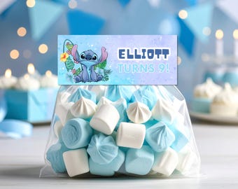 Personalized Stitch Candy Bag Topper, Stitch Birthday Favor Bag Toppers, Blue Treat Bag Toppers, Editable Candy Bag Topper, Lilo and Stitch