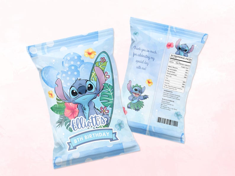 Peut inclure: Deux sacs de cadeaux de f&ecirc;te bleu clair avec le personnage Stitch. L'un des sacs pr&eacute;sente Stitch avec une planche de surf, des ballons et des fleurs. L'autre sac contient une &eacute;tiquette de valeurs nutritionnelles et un message de remerciement.
