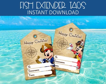May include: Two printable Disney cruise ship luggage tags featuring Mickey Mouse dressed as a pirate. The tags have a compass and the text "Happy Cruising!" with blank lines for "To", "Stateroom", and "From".